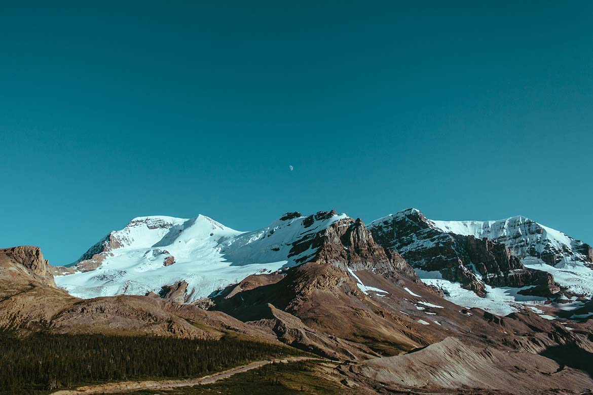 Snow-capped mountains under a clear blue sky with a bird soaring.
